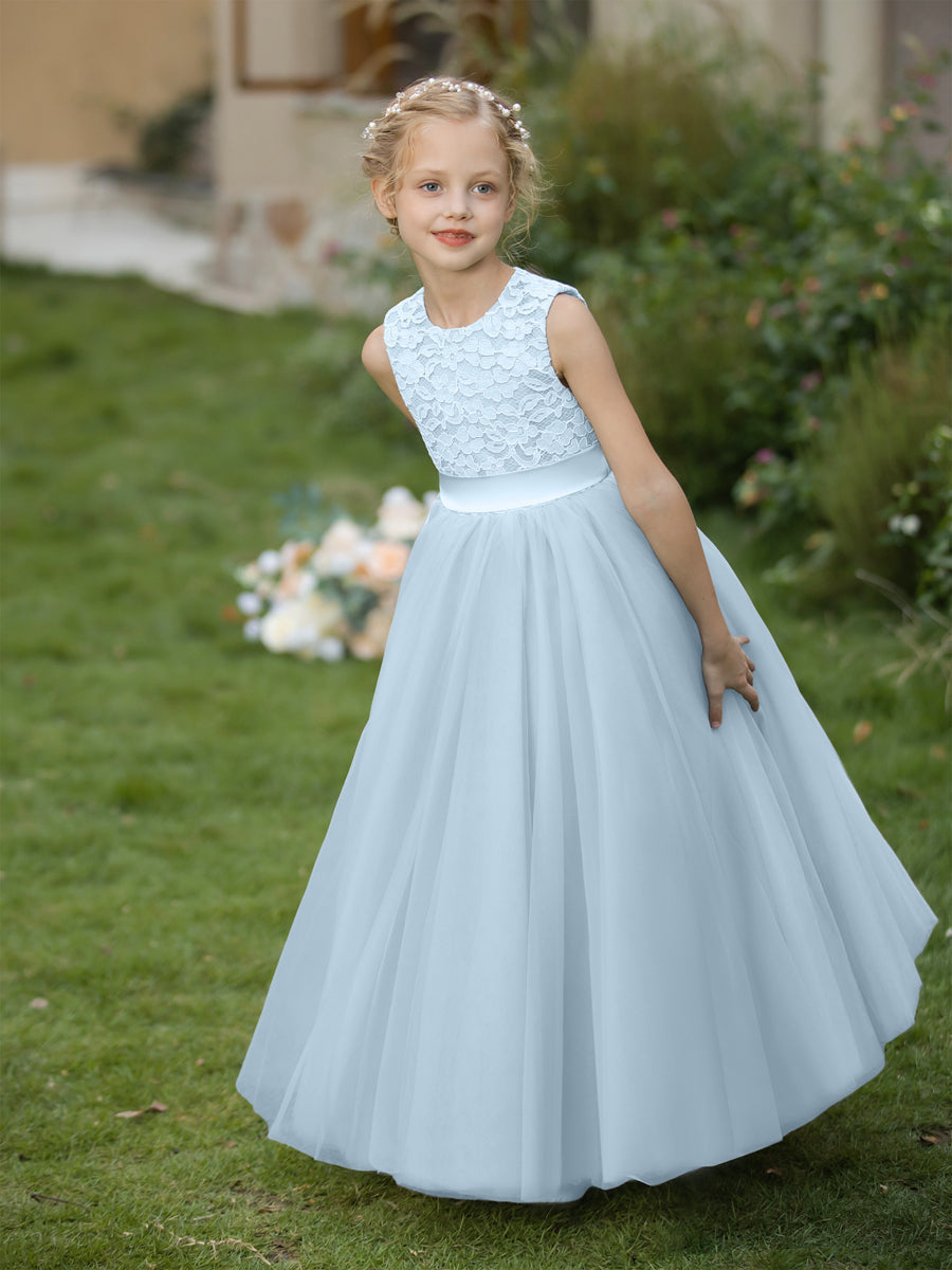 Crew Neck Tulle Flower Girl Dresses with Applique &amp; Sash