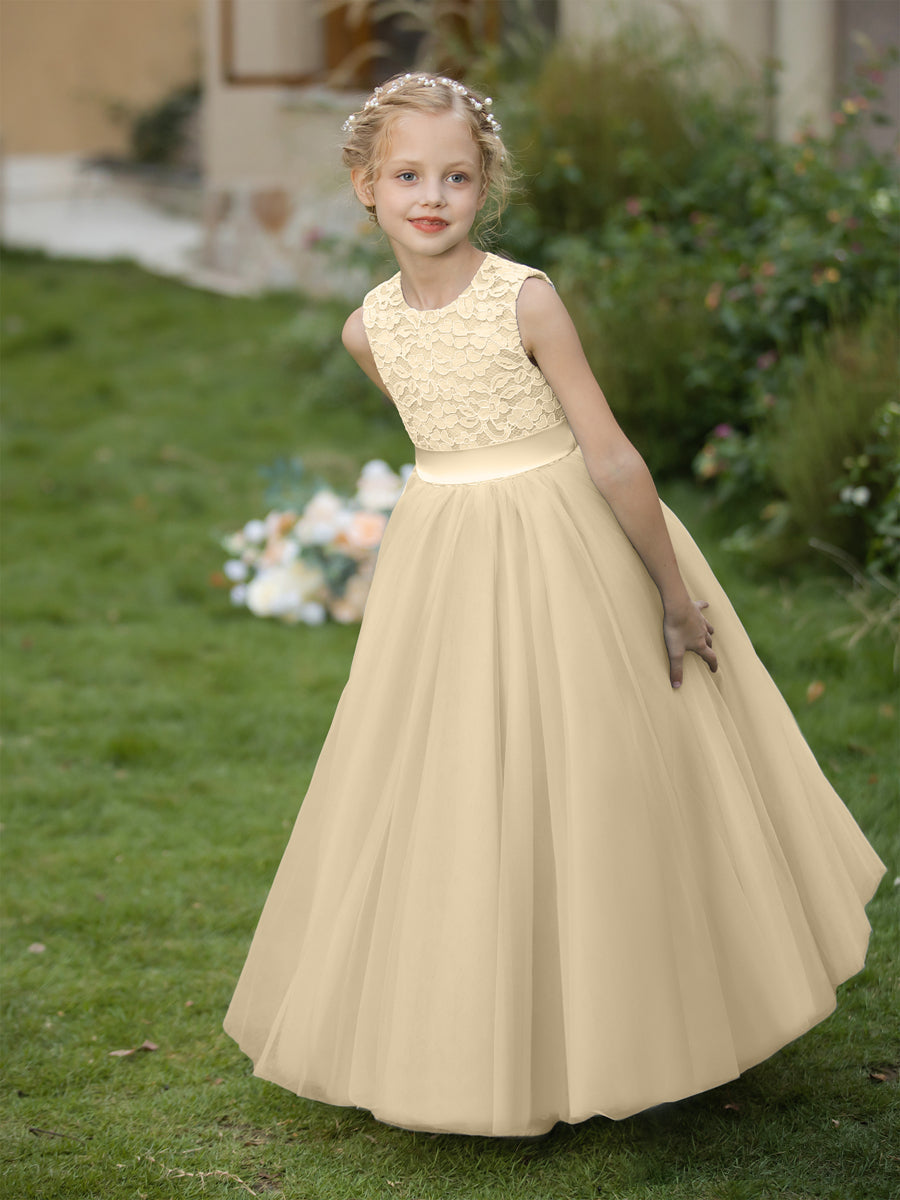 Crew Neck Tulle Flower Girl Dresses with Applique &amp; Sash