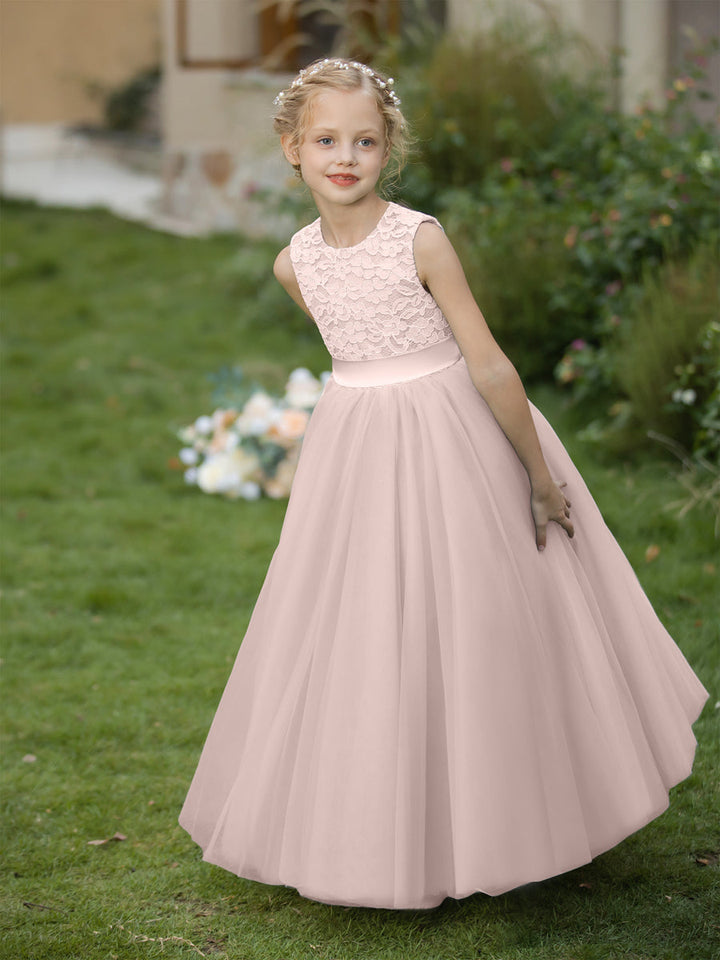 Crew Neck Tulle Flower Girl Dresses with Applique &amp; Sash