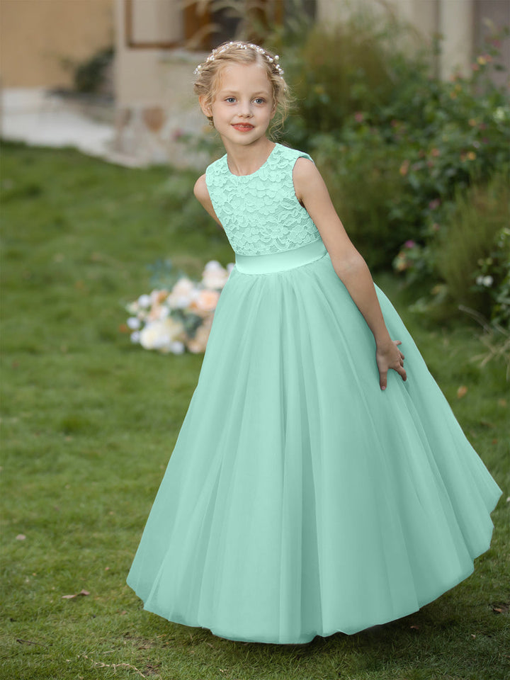 Crew Neck Tulle Flower Girl Dresses with Applique &amp; Sash
