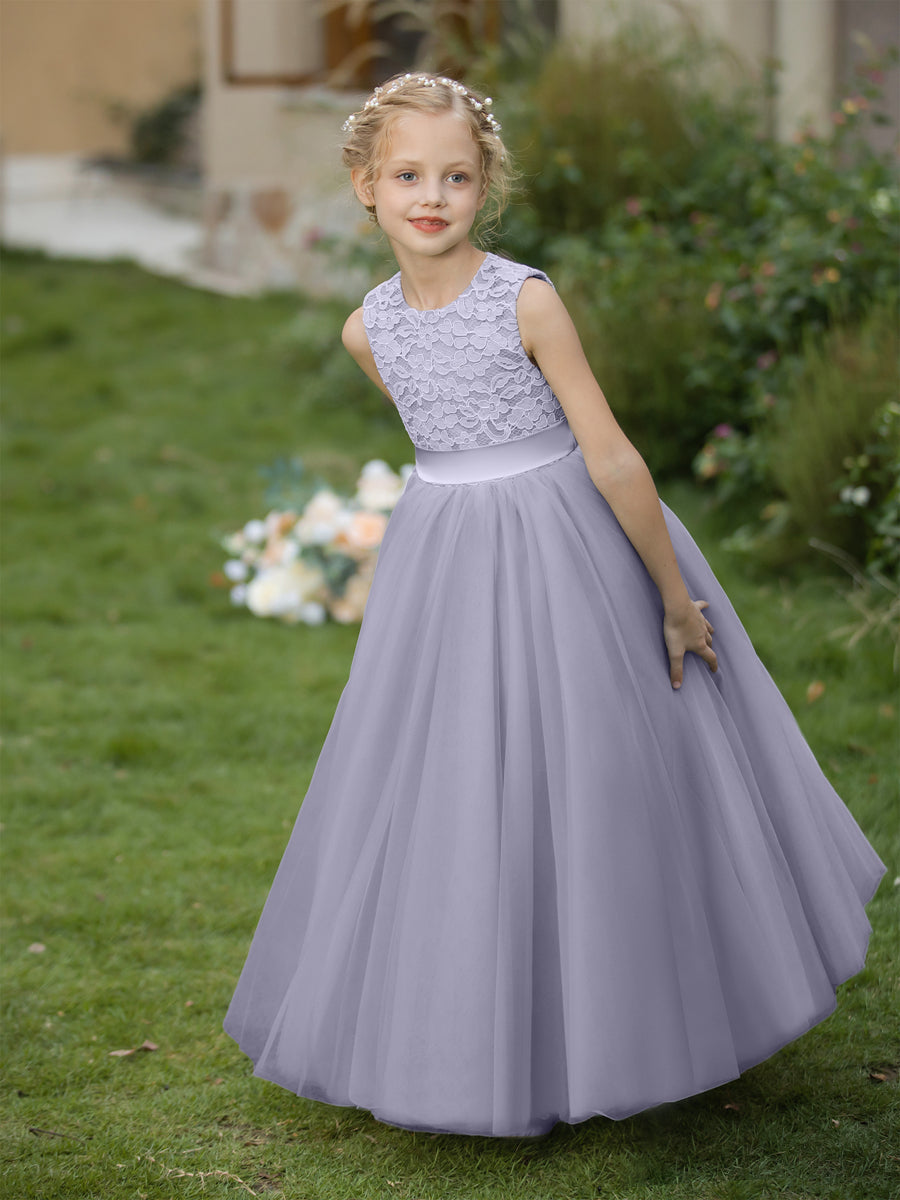 Crew Neck Tulle Flower Girl Dresses with Applique &amp; Sash