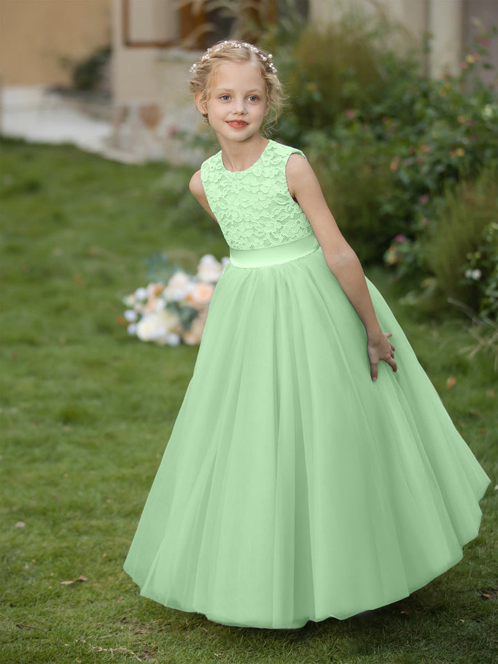 Crew Neck Tulle Flower Girl Dresses with Applique &amp; Sash