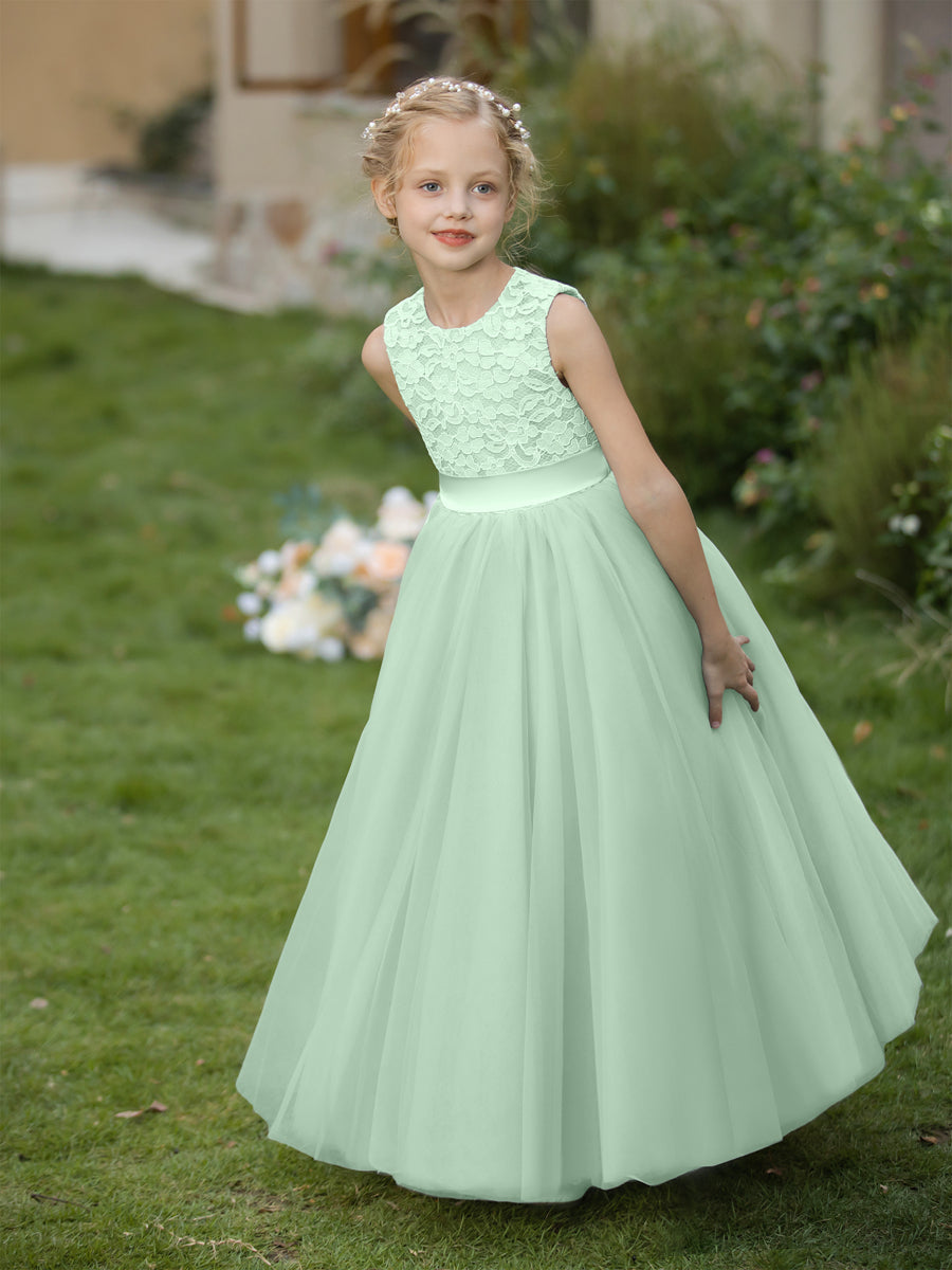 Crew Neck Tulle Flower Girl Dresses with Applique &amp; Sash