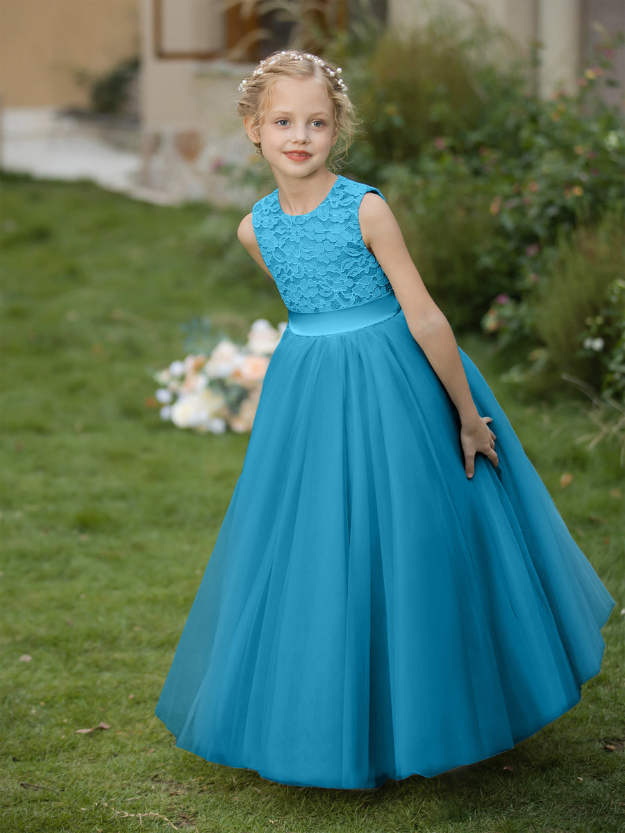 Crew Neck Tulle Flower Girl Dresses with Applique &amp; Sash