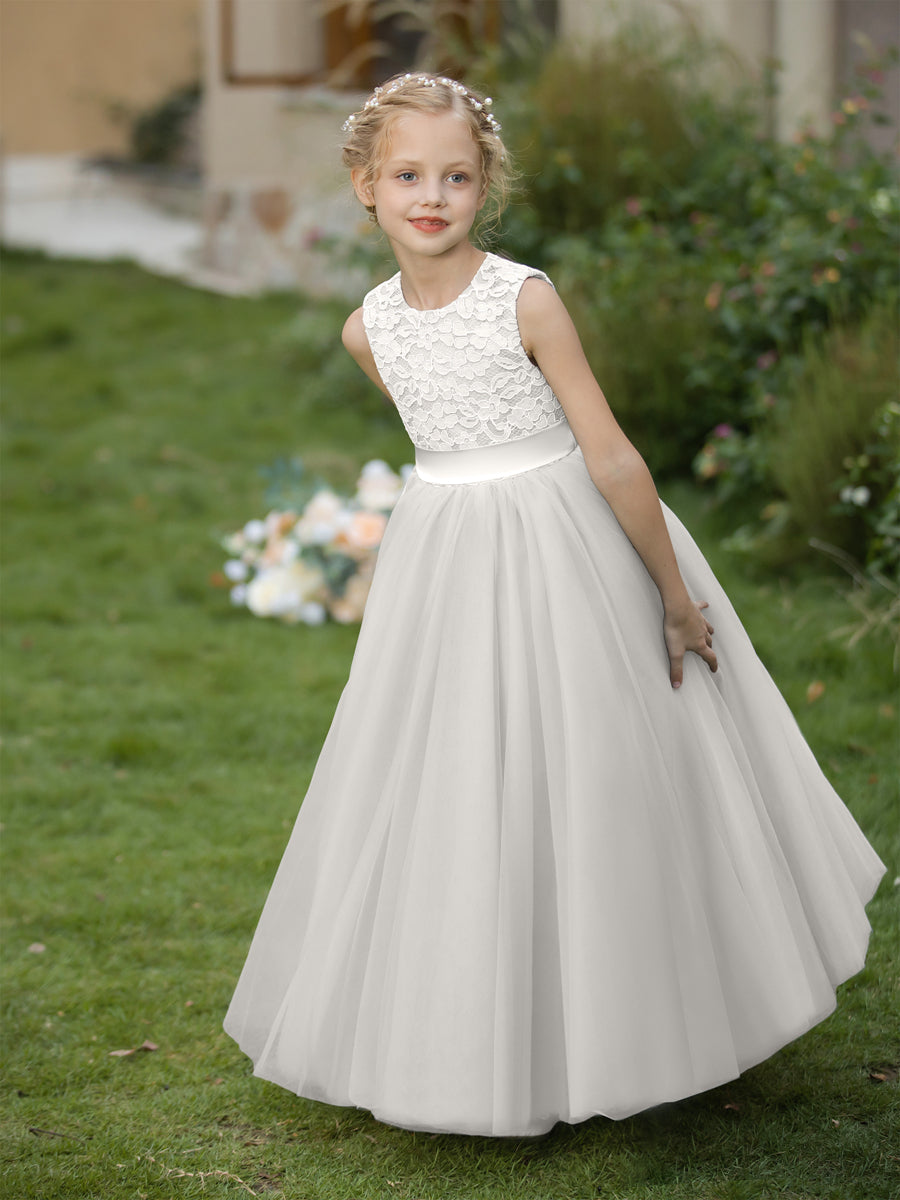 Crew Neck Tulle Flower Girl Dresses with Applique &amp; Sash