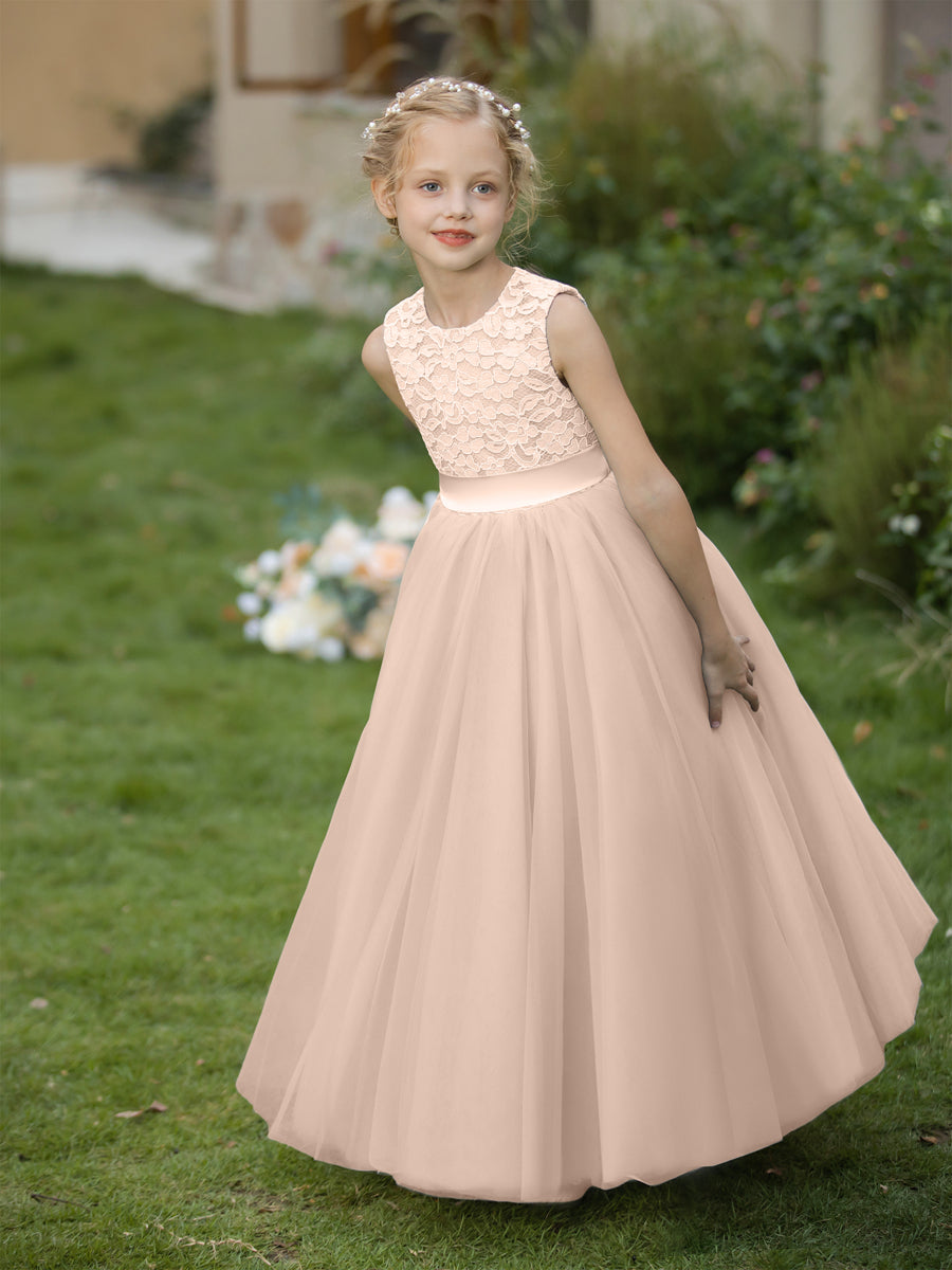 Crew Neck Tulle Flower Girl Dresses with Applique &amp; Sash