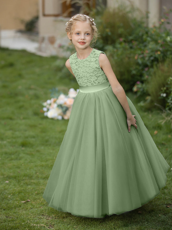 Crew Neck Tulle Flower Girl Dresses with Applique &amp; Sash