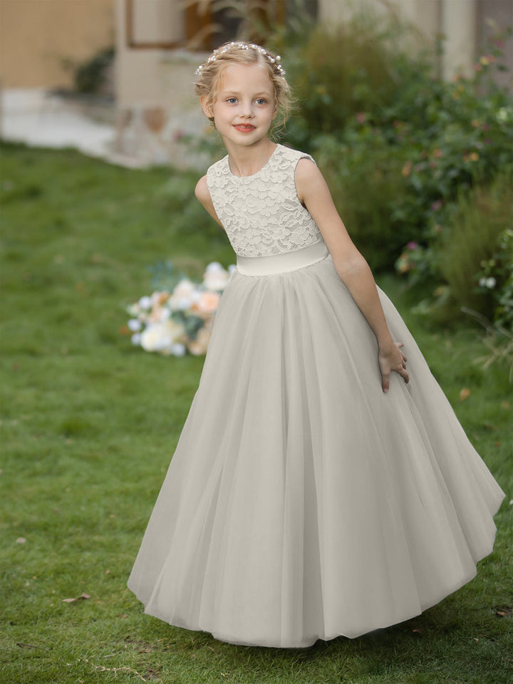 Crew Neck Tulle Flower Girl Dresses with Applique &amp; Sash