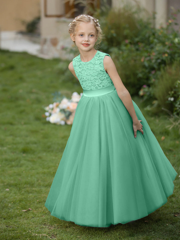 Crew Neck Tulle Flower Girl Dresses with Applique &amp; Sash