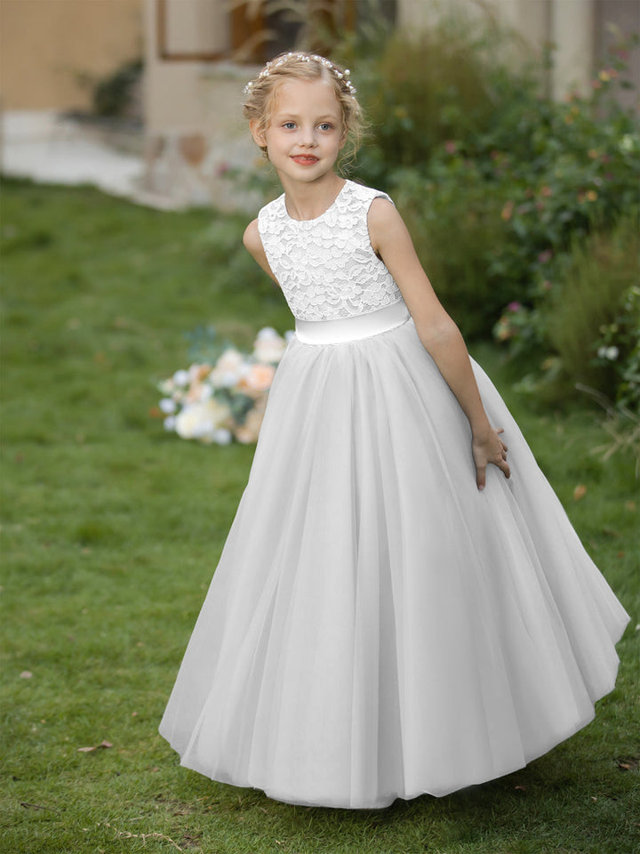 Crew Neck Tulle Flower Girl Dresses with Applique &amp; Sash