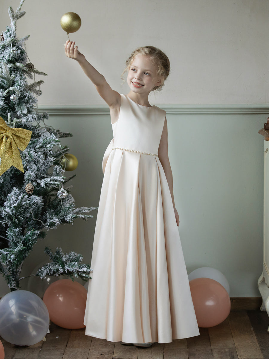 Crew Neck Satin Flower Girl Dresses with Pearls &amp; Bowknot