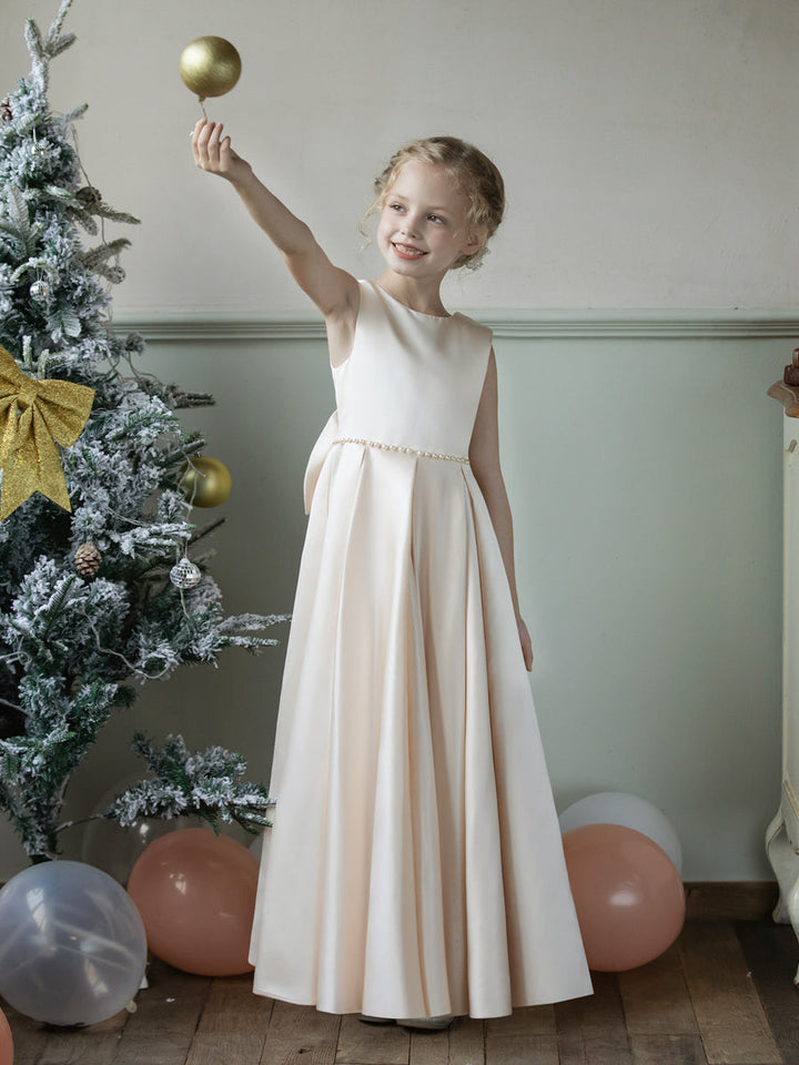 Crew Neck Satin Flower Girl Dresses with Pearls &amp; Bowknot
