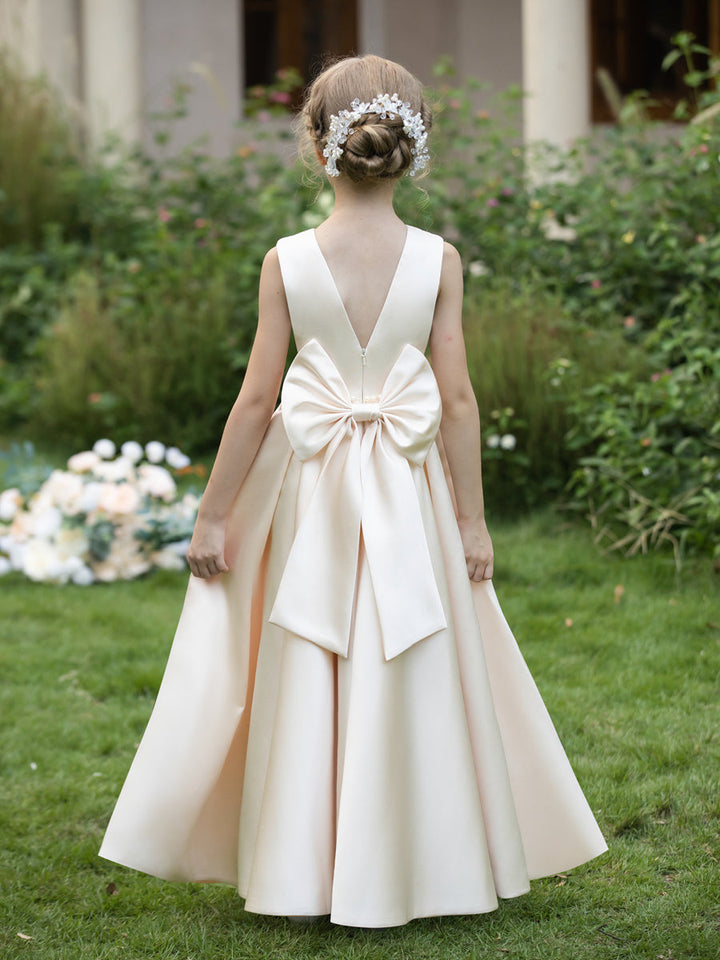 Crew Neck Satin Flower Girl Dresses with Pearls &amp; Bowknot