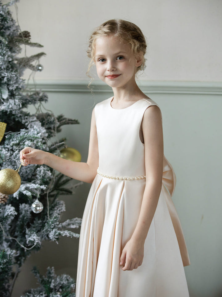 Crew Neck Satin Flower Girl Dresses with Pearls &amp; Bowknot