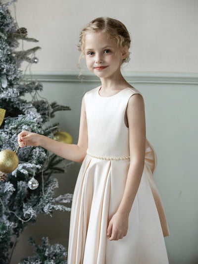 Crew Neck Satin Flower Girl Dresses with Pearls & Bowknot