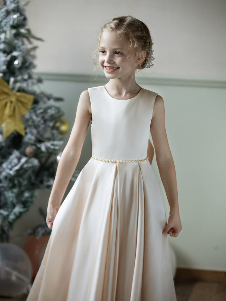 Crew Neck Satin Flower Girl Dresses with Pearls &amp; Bowknot