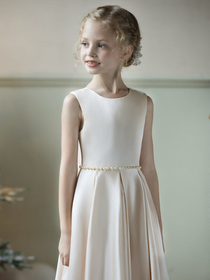 Crew Neck Satin Flower Girl Dresses with Pearls &amp; Bowknot