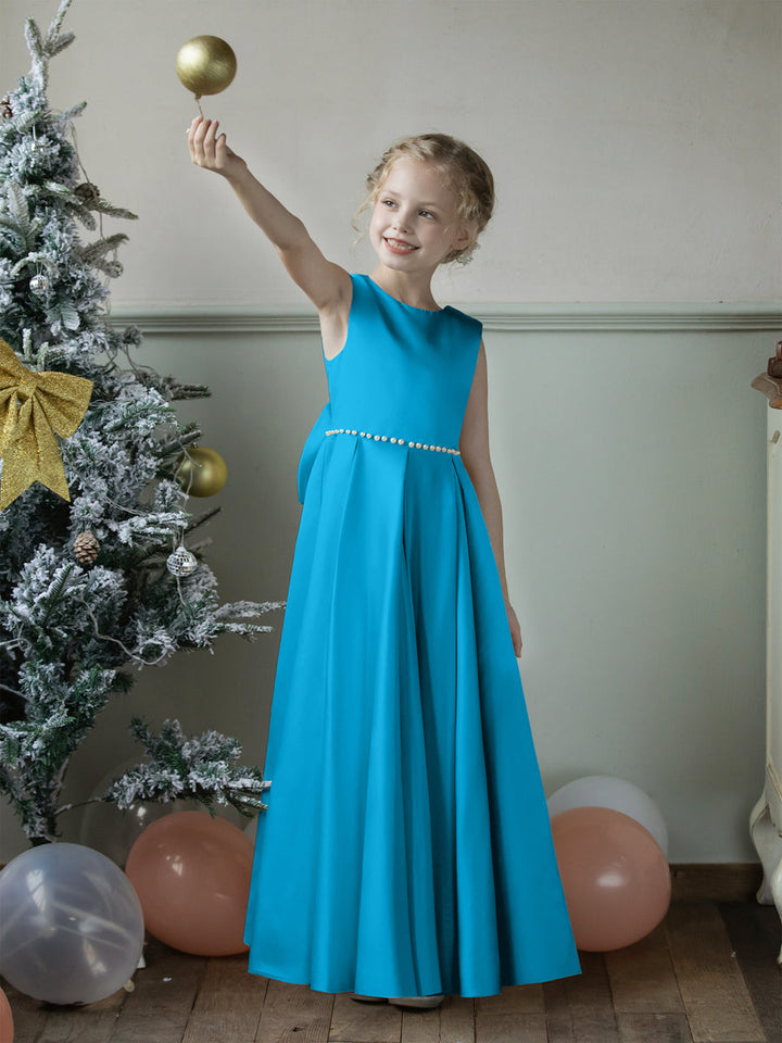 Crew Neck Satin Flower Girl Dresses with Pearls &amp; Bowknot