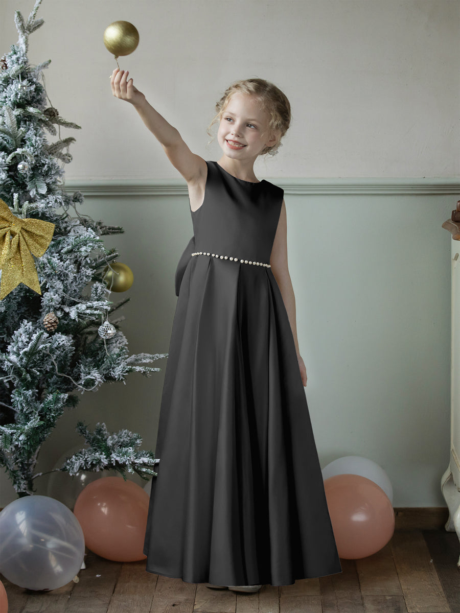 Crew Neck Satin Flower Girl Dresses with Pearls &amp; Bowknot