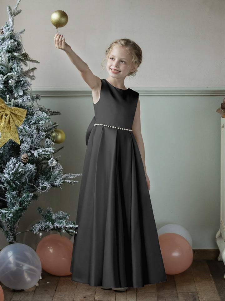Crew Neck Satin Flower Girl Dresses with Pearls &amp; Bowknot