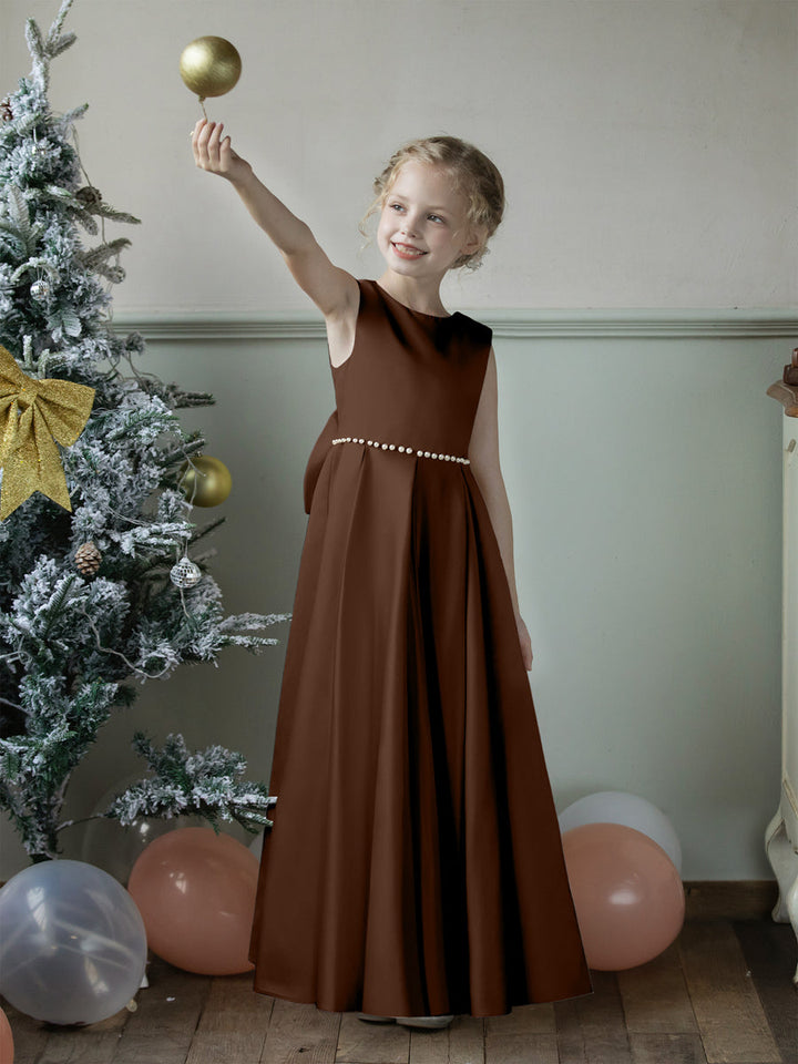 Crew Neck Satin Flower Girl Dresses with Pearls &amp; Bowknot