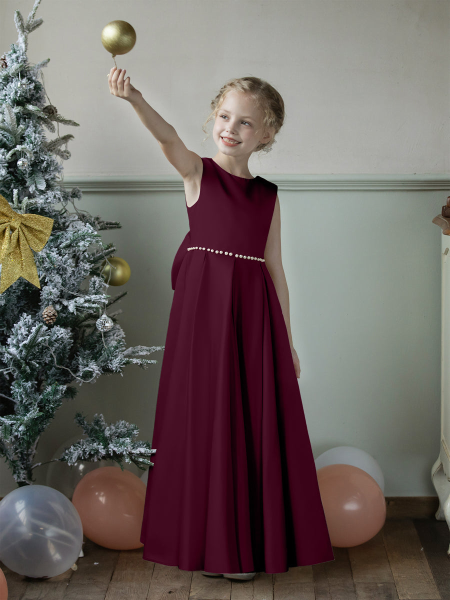 Crew Neck Satin Flower Girl Dresses with Pearls &amp; Bowknot