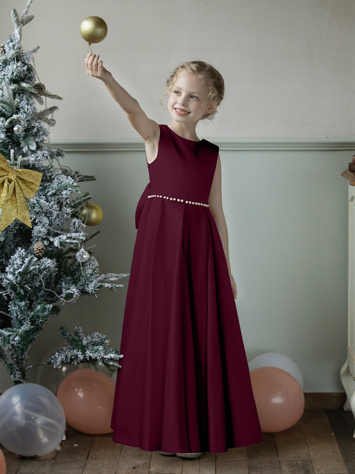 Crew Neck Satin Flower Girl Dresses with Pearls &amp; Bowknot