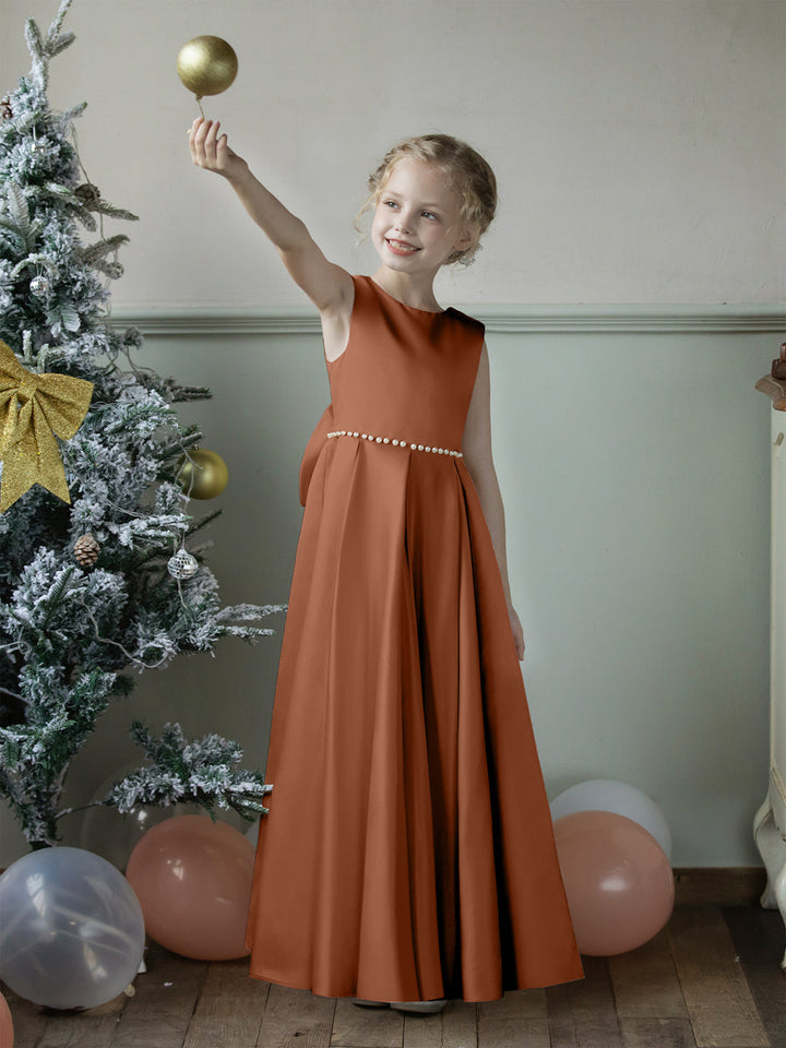 Crew Neck Satin Flower Girl Dresses with Pearls &amp; Bowknot