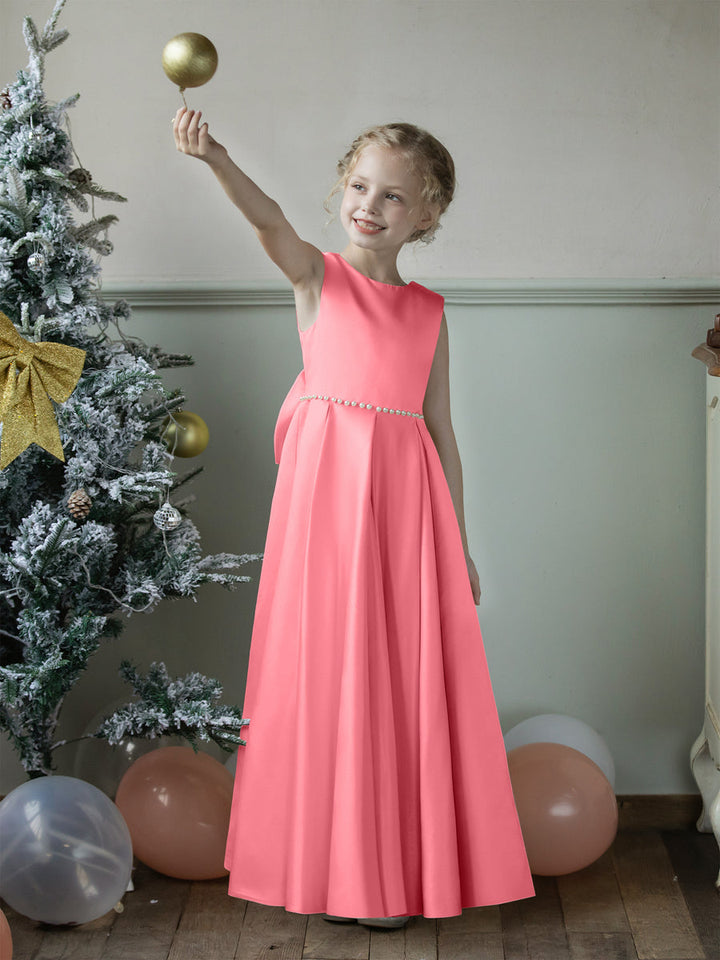 Crew Neck Satin Flower Girl Dresses with Pearls &amp; Bowknot