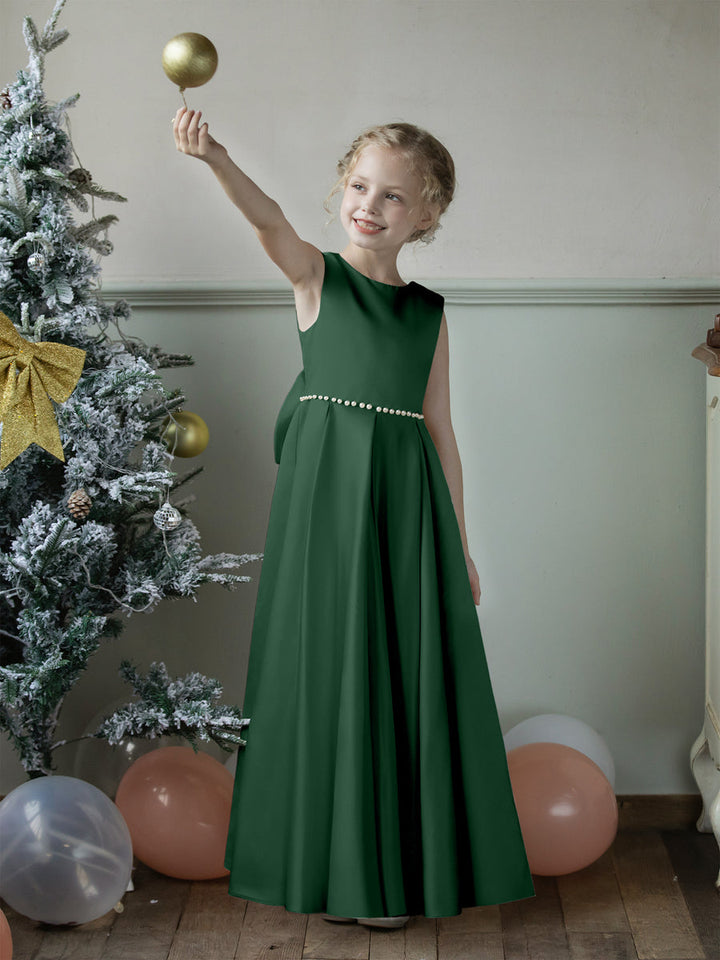 Crew Neck Satin Flower Girl Dresses with Pearls &amp; Bowknot