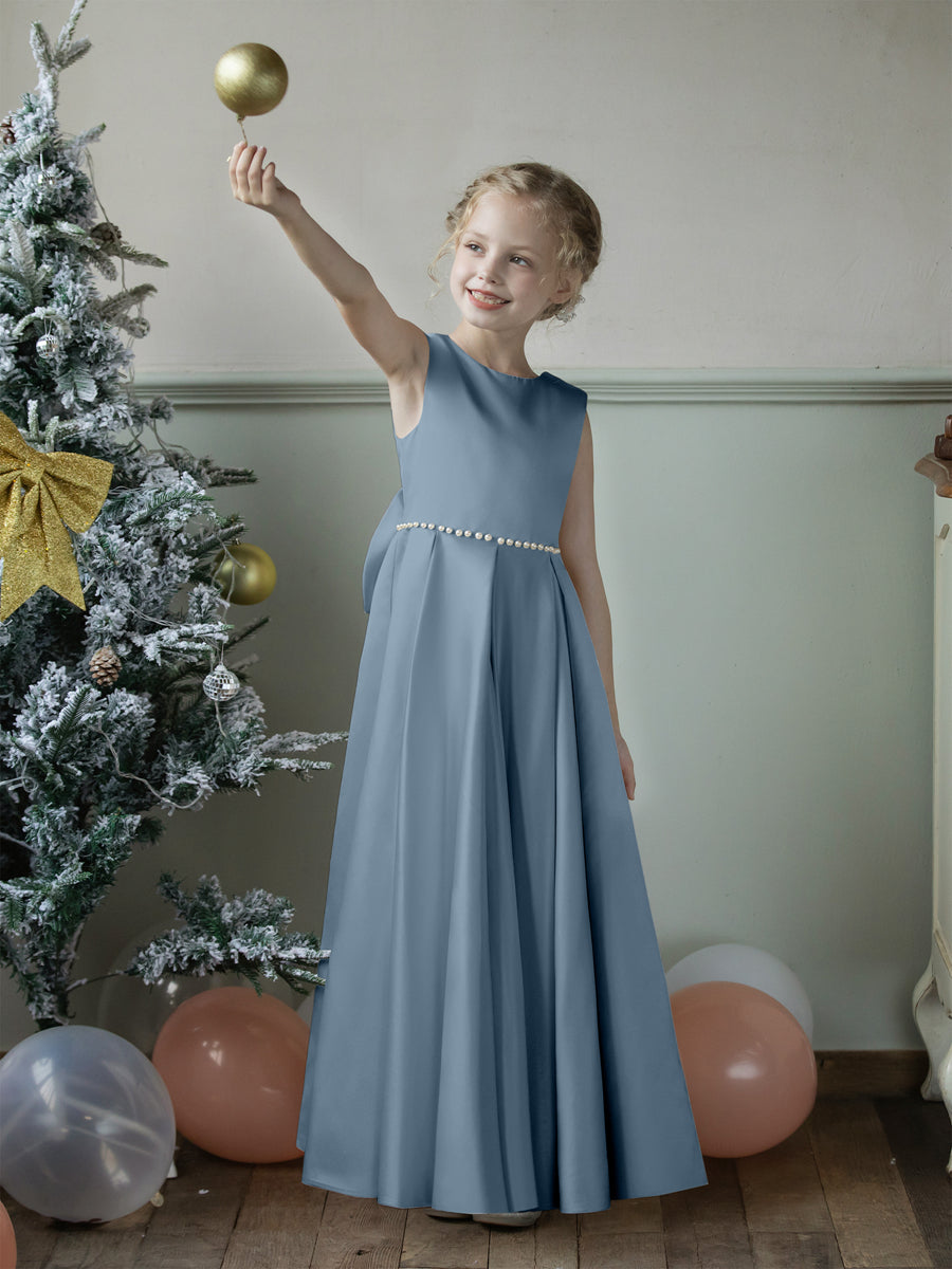 Crew Neck Satin Flower Girl Dresses with Pearls &amp; Bowknot