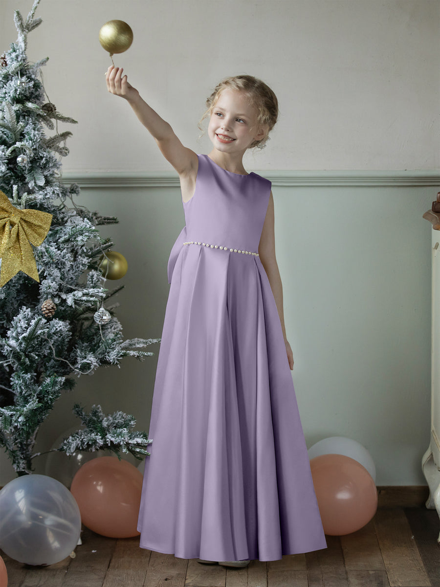 Crew Neck Satin Flower Girl Dresses with Pearls &amp; Bowknot