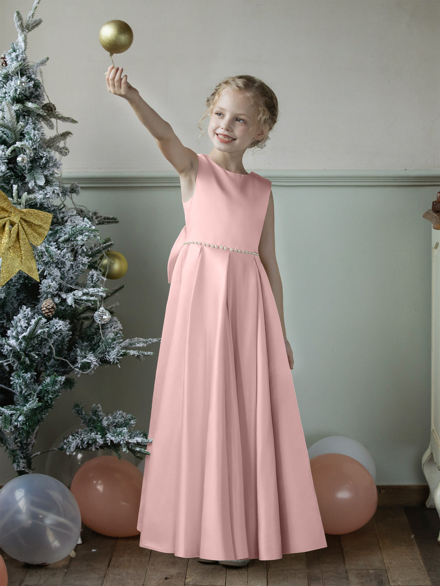 Crew Neck Satin Flower Girl Dresses with Pearls &amp; Bowknot
