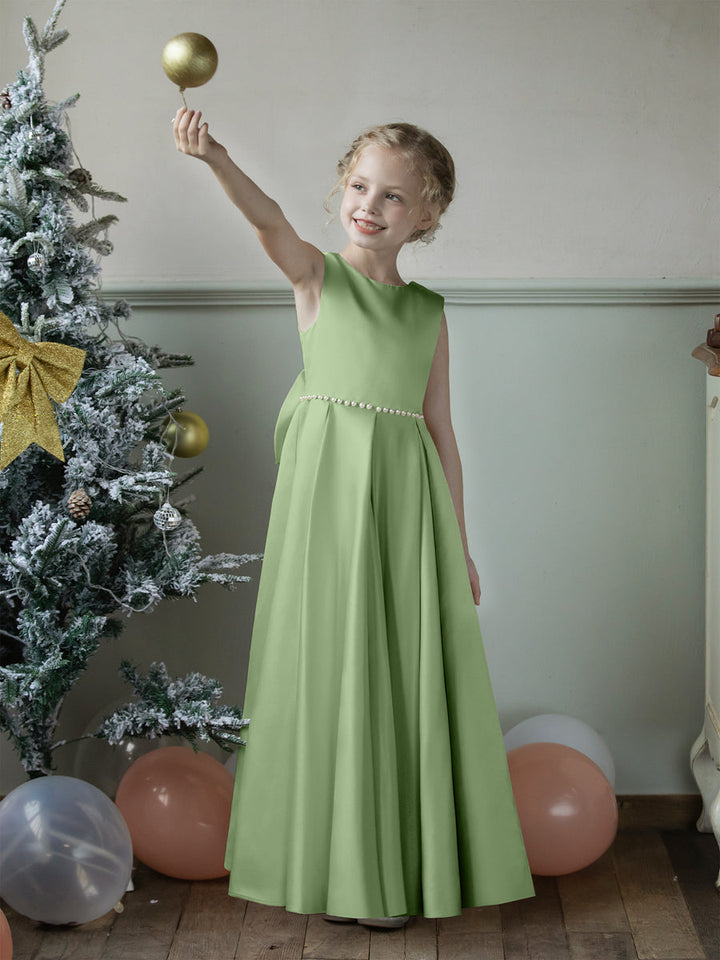 Crew Neck Satin Flower Girl Dresses with Pearls &amp; Bowknot