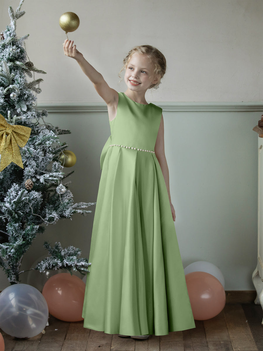 Crew Neck Satin Flower Girl Dresses with Pearls & Bowknot