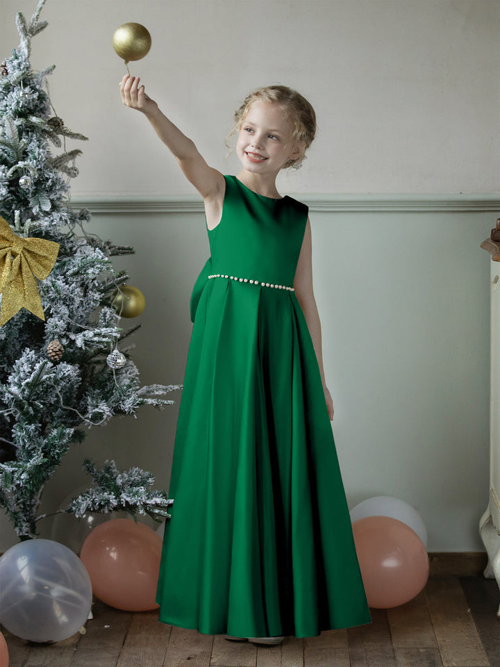 Crew Neck Satin Flower Girl Dresses with Pearls &amp; Bowknot