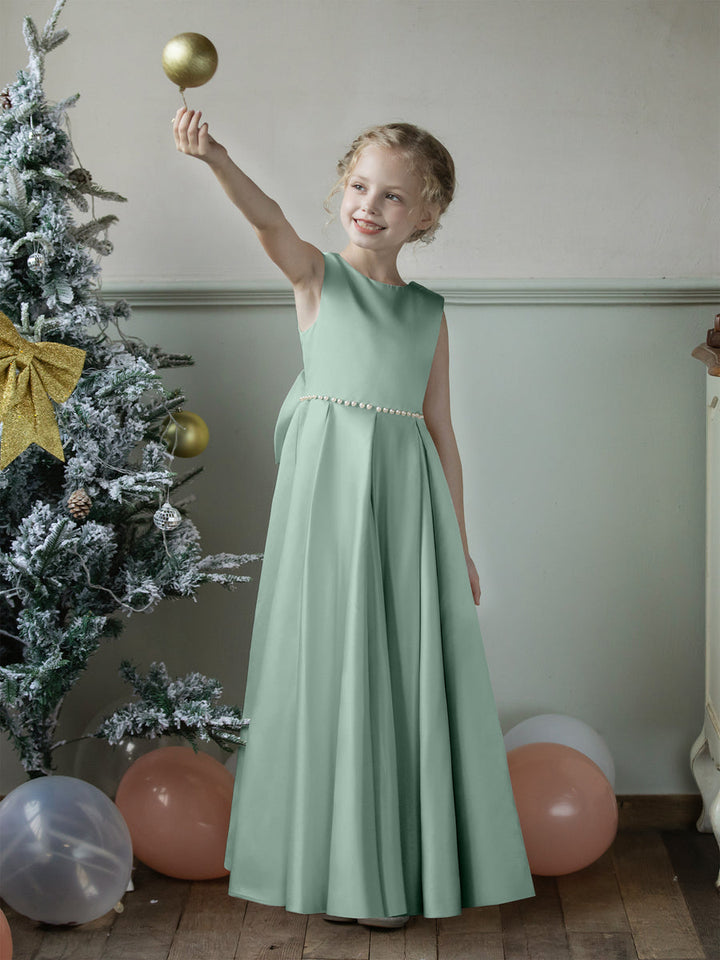 Crew Neck Satin Flower Girl Dresses with Pearls &amp; Bowknot