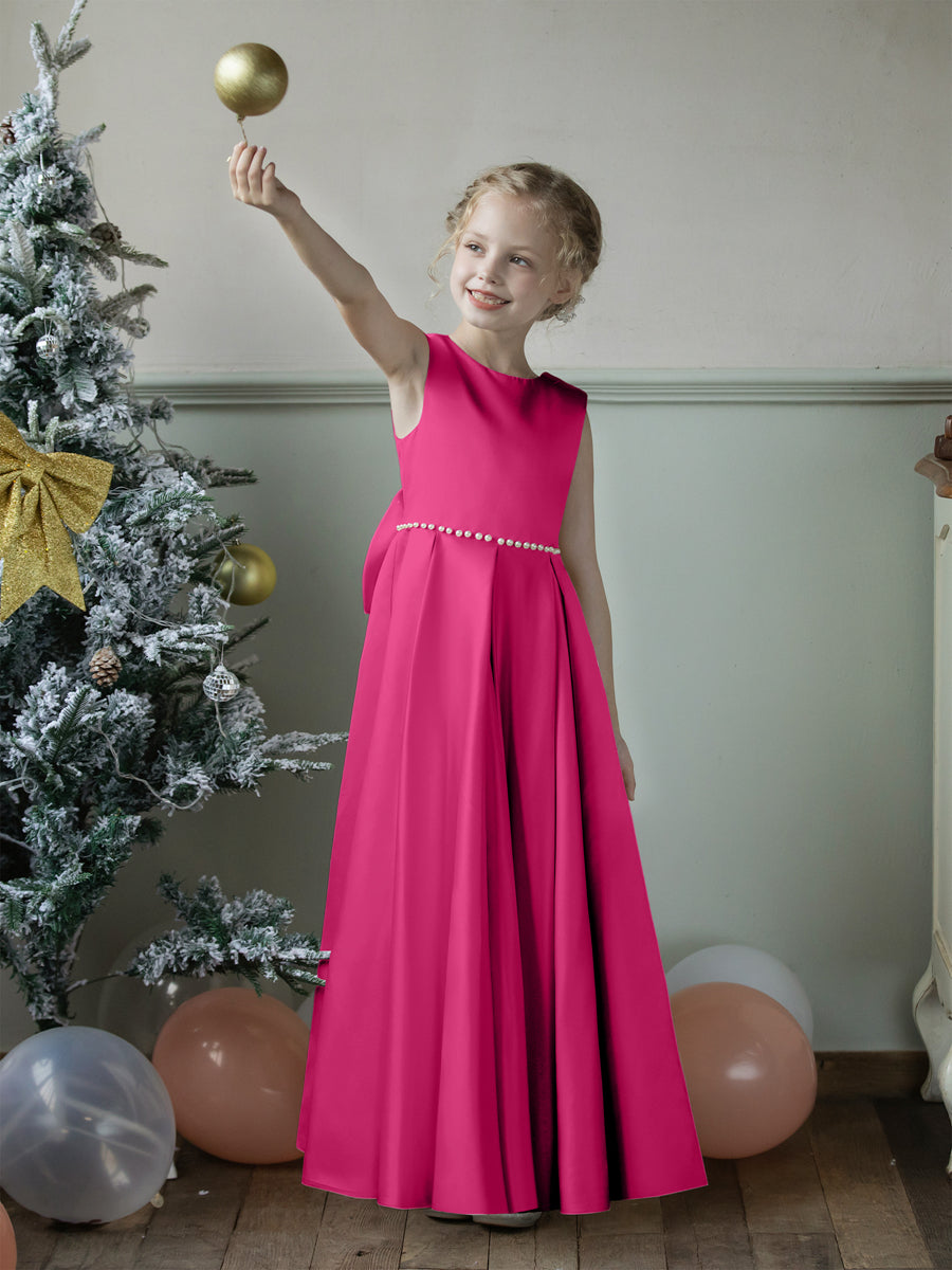 Crew Neck Satin Flower Girl Dresses with Pearls &amp; Bowknot
