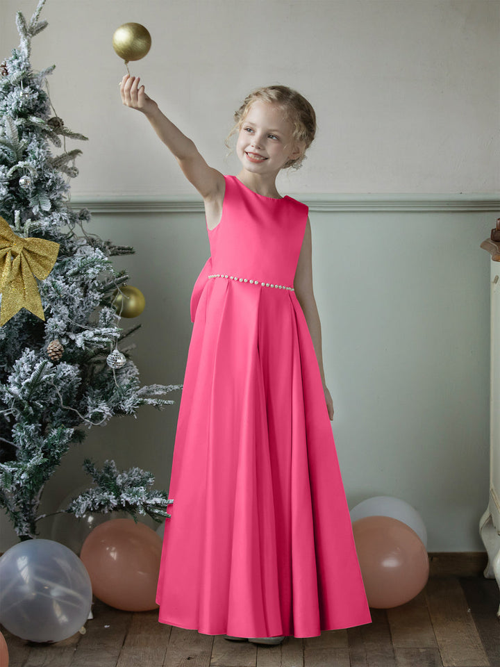 Crew Neck Satin Flower Girl Dresses with Pearls &amp; Bowknot
