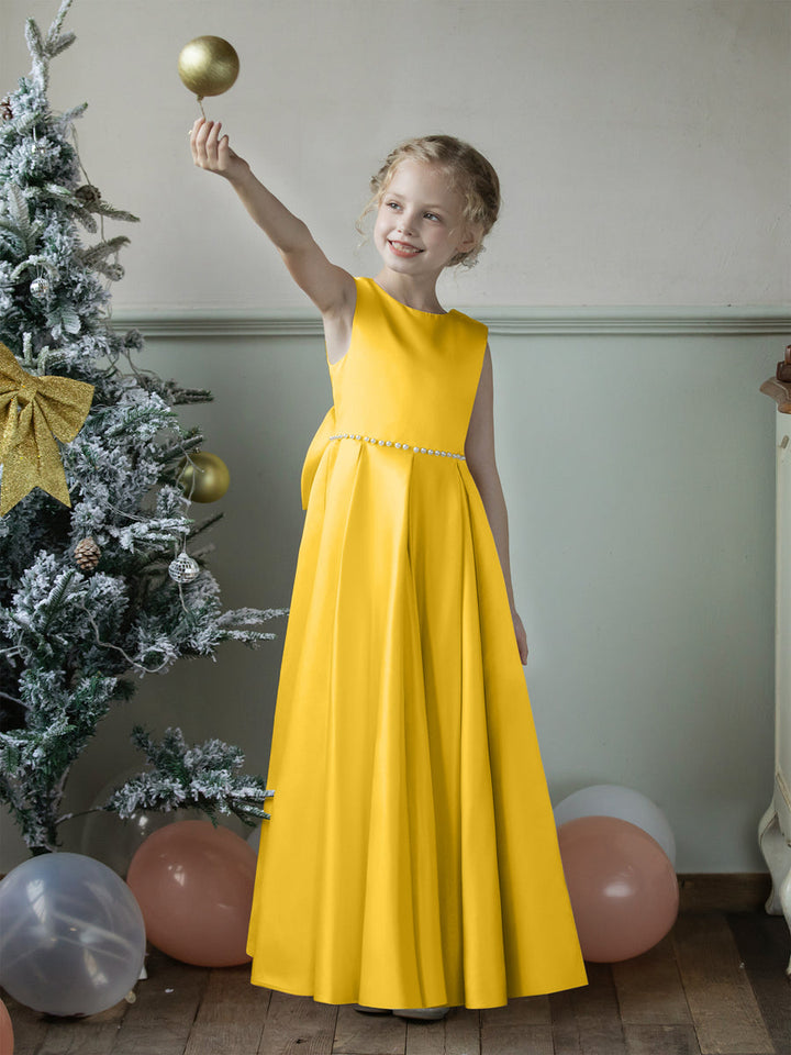 Crew Neck Satin Flower Girl Dresses with Pearls &amp; Bowknot