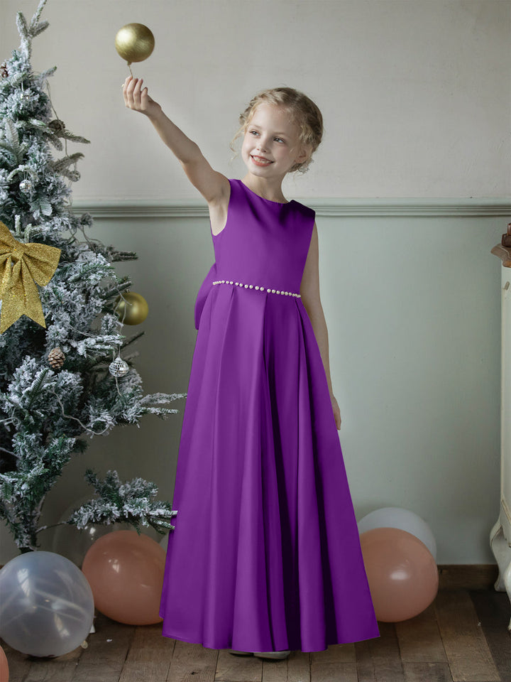 Crew Neck Satin Flower Girl Dresses with Pearls &amp; Bowknot