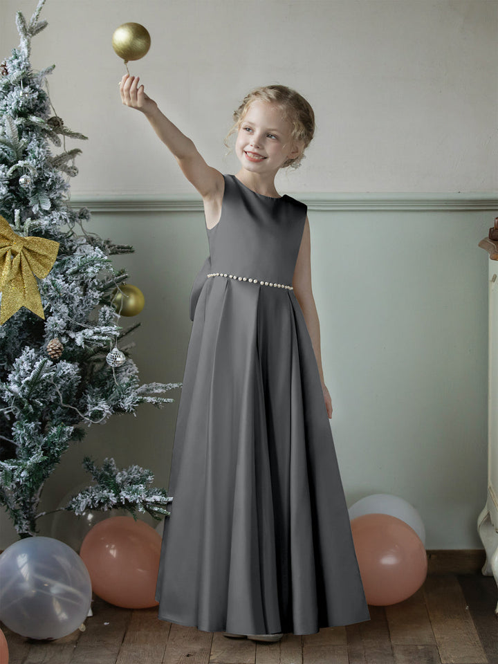 Crew Neck Satin Flower Girl Dresses with Pearls &amp; Bowknot