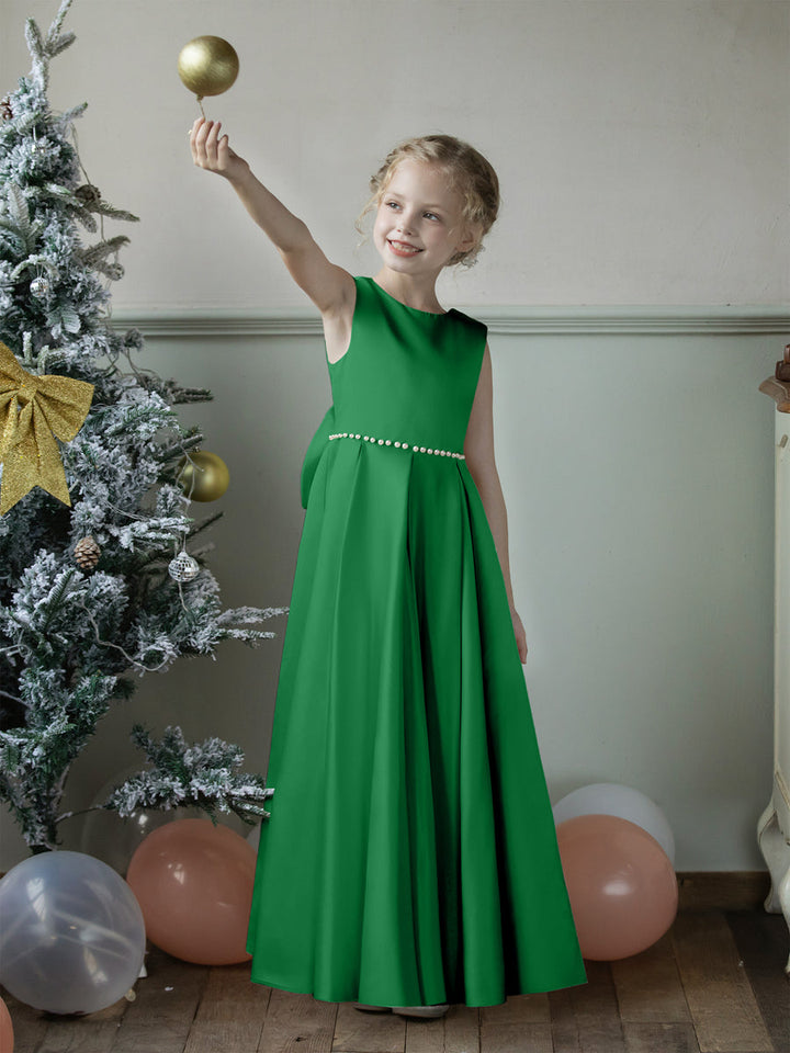 Crew Neck Satin Flower Girl Dresses with Pearls &amp; Bowknot