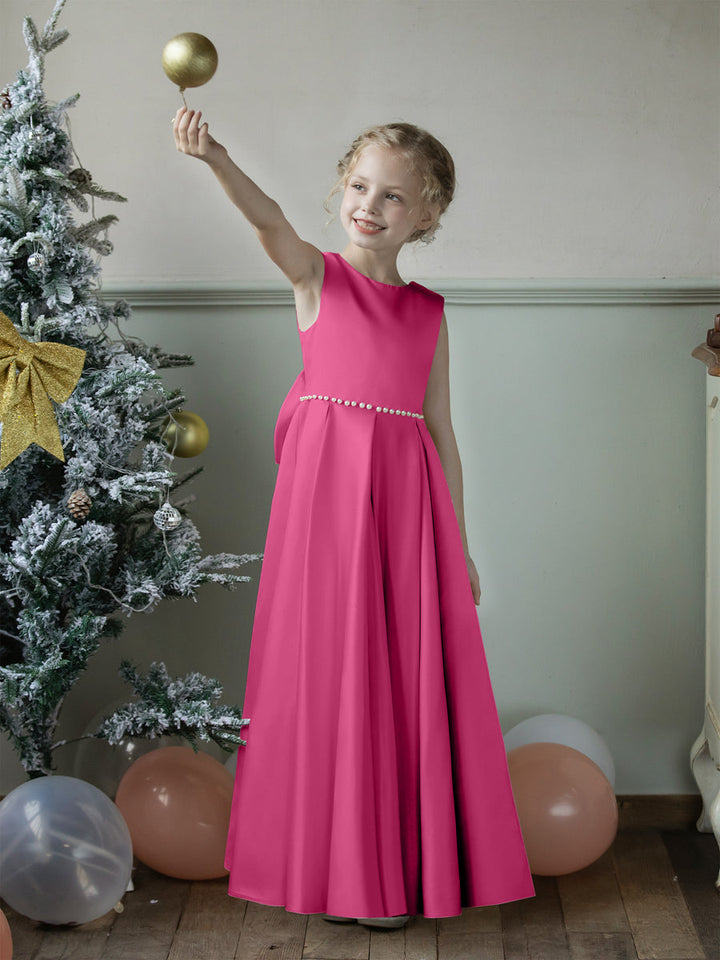 Crew Neck Satin Flower Girl Dresses with Pearls &amp; Bowknot