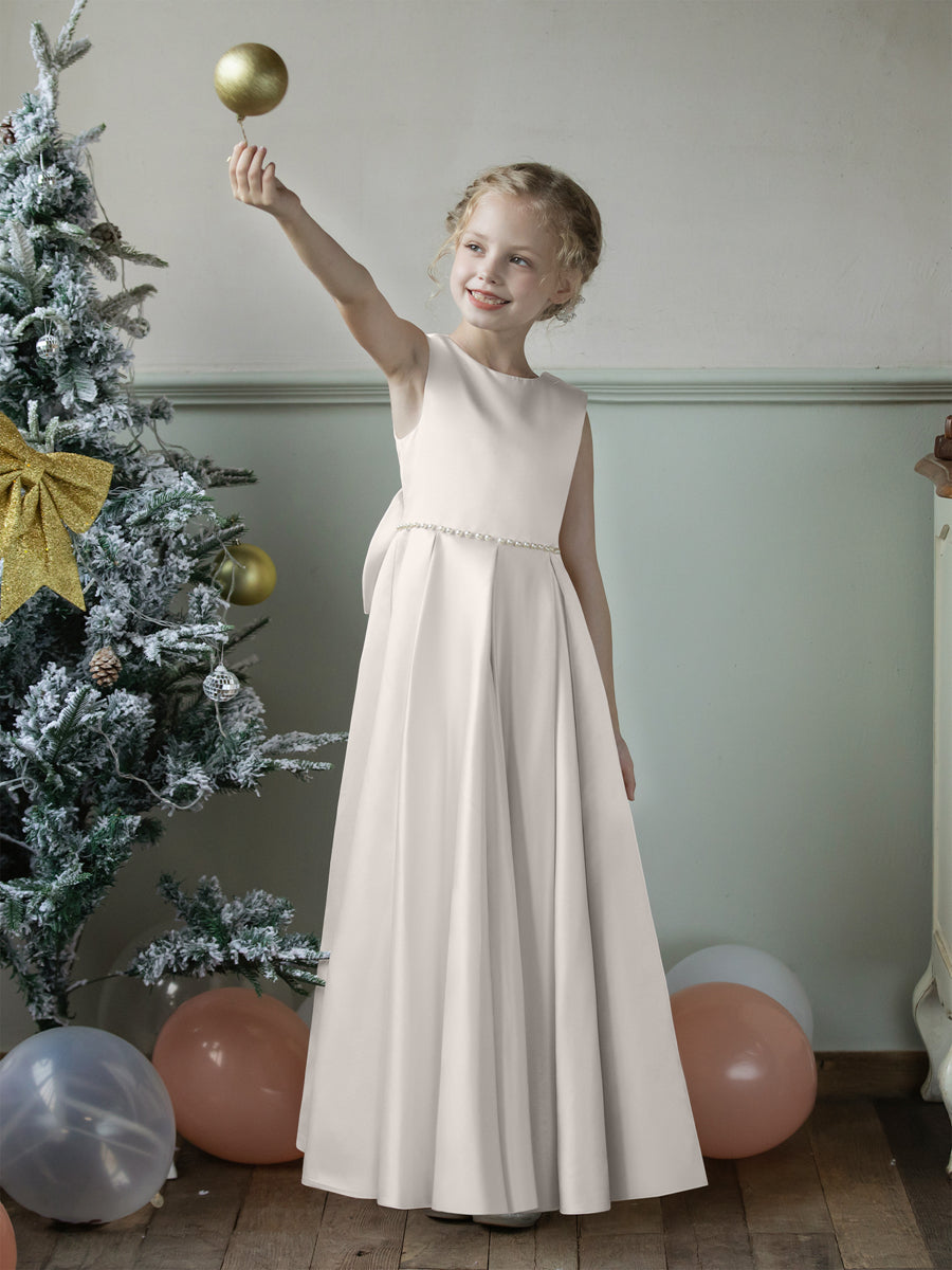 Crew Neck Satin Flower Girl Dresses with Pearls &amp; Bowknot