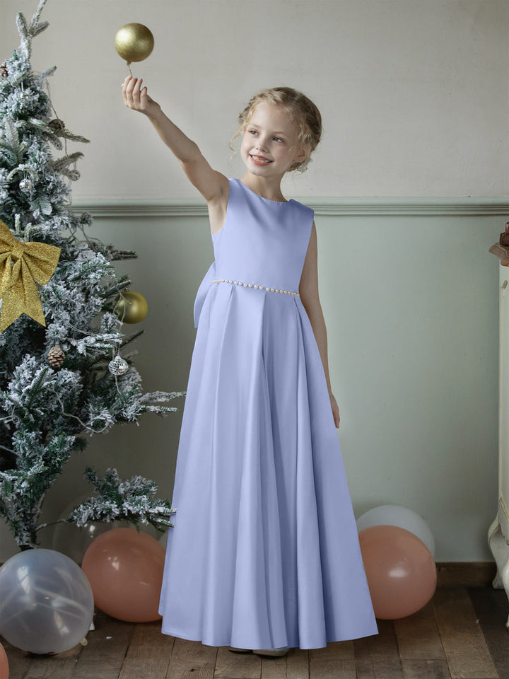 Crew Neck Satin Flower Girl Dresses with Pearls &amp; Bowknot