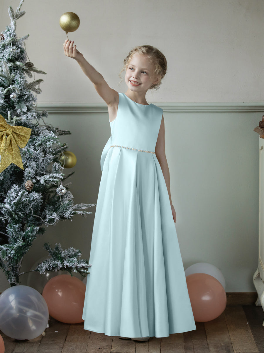 Crew Neck Satin Flower Girl Dresses with Pearls &amp; Bowknot