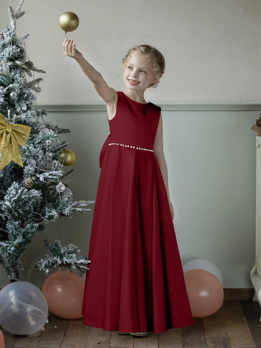 Crew Neck Satin Flower Girl Dresses with Pearls &amp; Bowknot