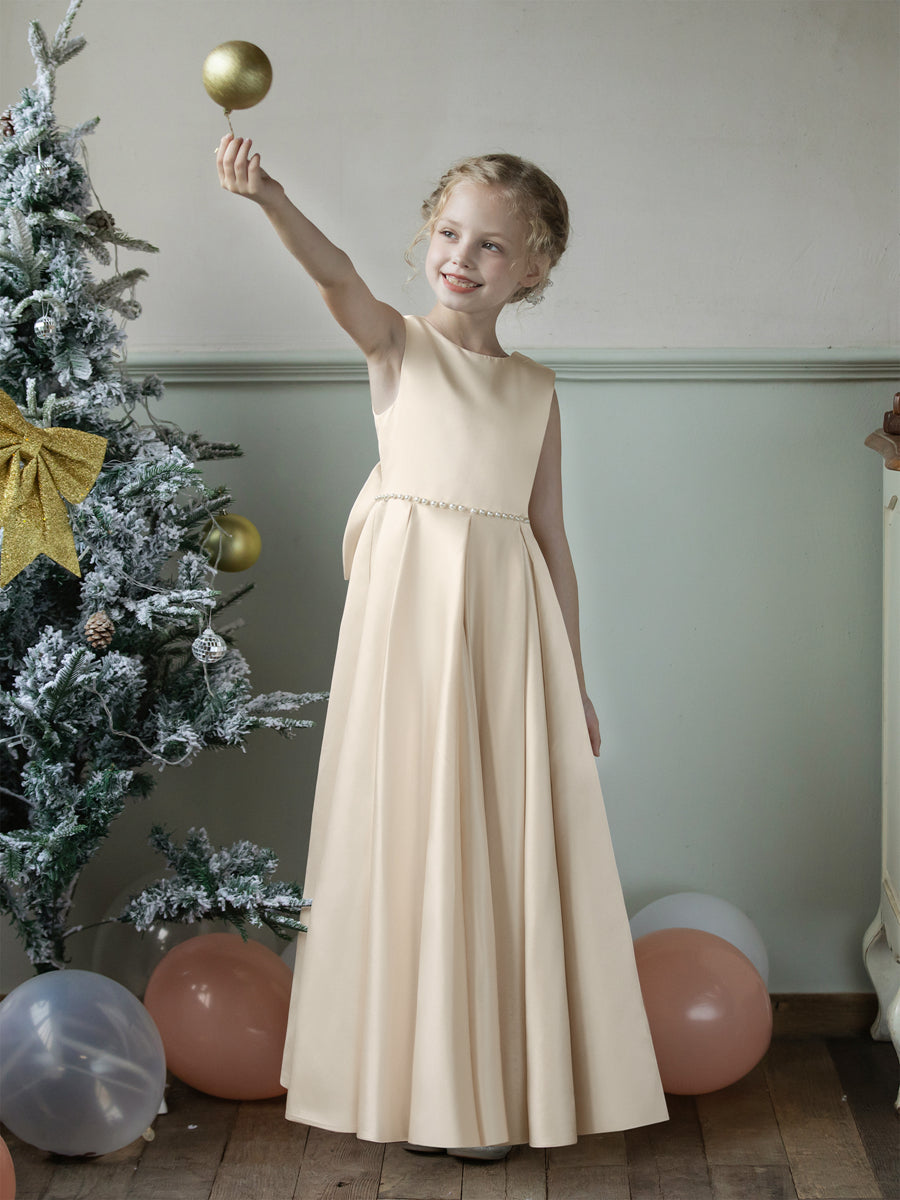Crew Neck Satin Flower Girl Dresses with Pearls &amp; Bowknot