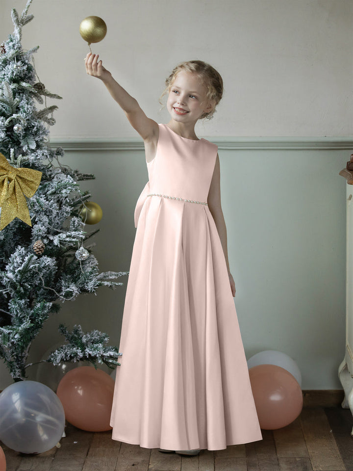 Crew Neck Satin Flower Girl Dresses with Pearls &amp; Bowknot